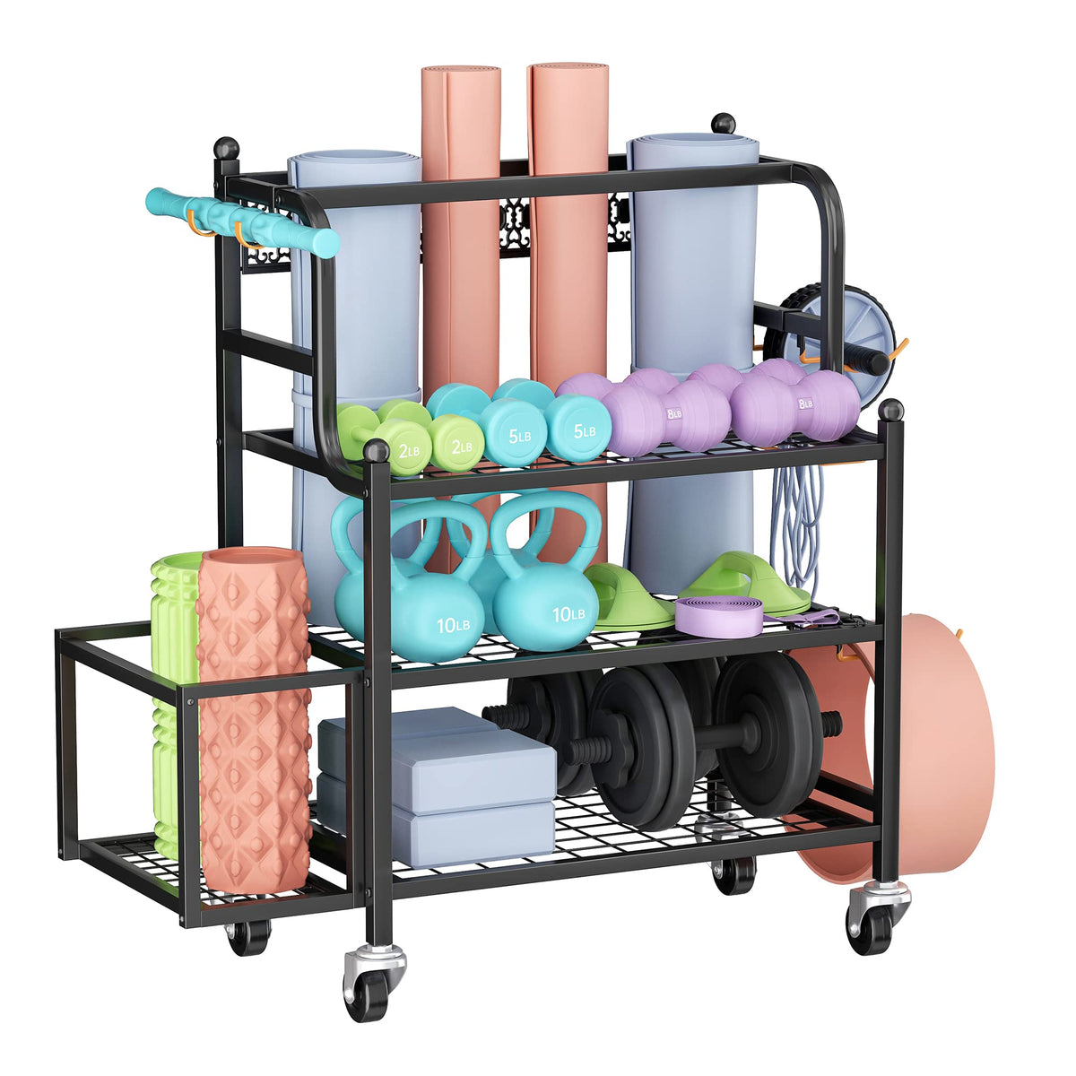 Yoga Mat Storage Racks Home Gym Storage Rack for Organizing Kettlebells Dumbbells Foam Roller All-in-One Workout Equipment Storage Organizer with Hooks and Wheels Yoga Strap and Resistance Band